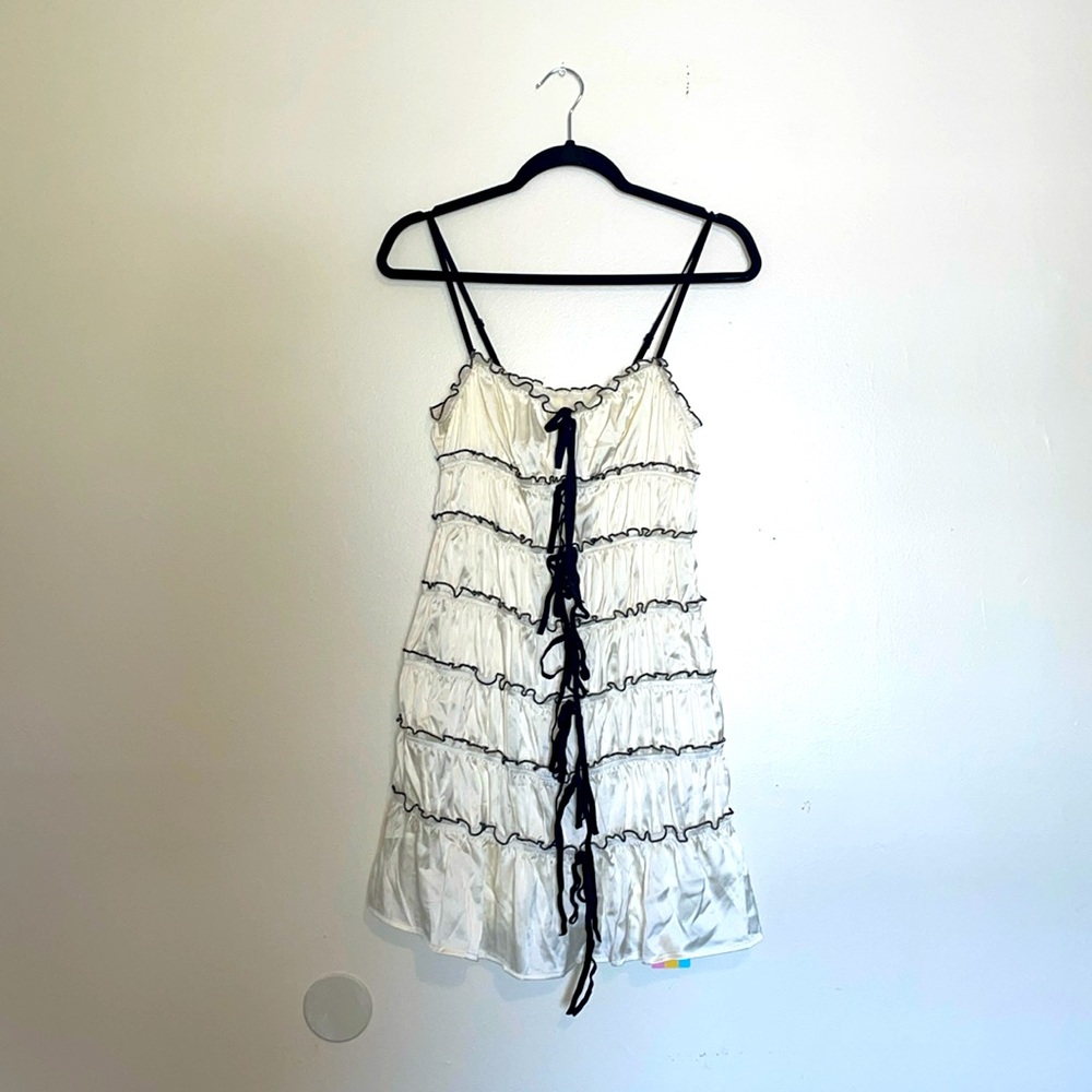 Romantic Satin Bow Tie Ruffle Mini Dress - Picture 2 of 7